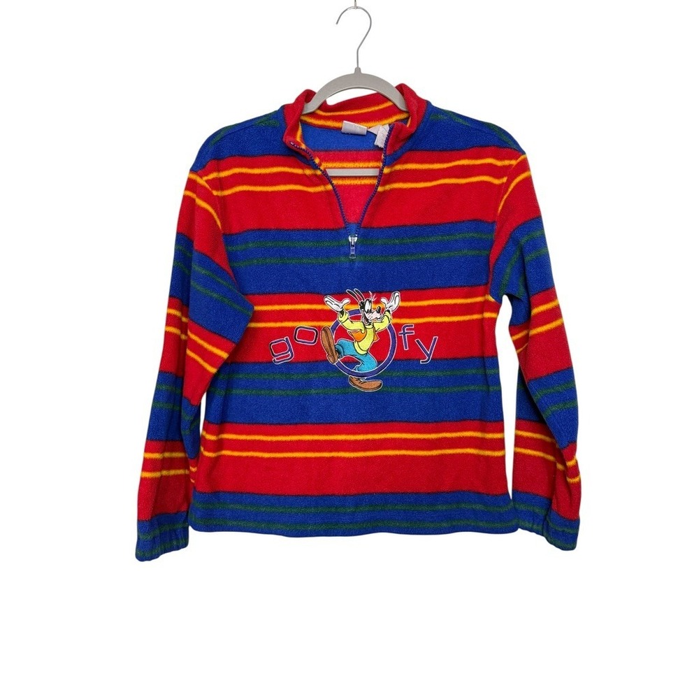 Disney Store Goofy Vintage Striped Fleece Quarter Zip Pullover Kids L Red Blue